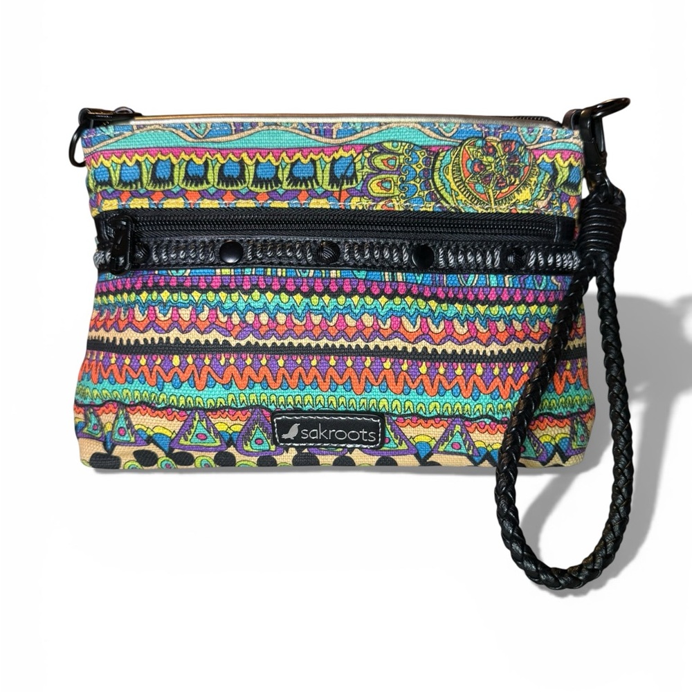 EUC Sakroots Multicolor Geometric Clutch Wristlet with Braided Strap & Zipper